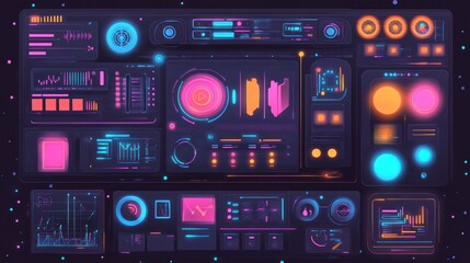 Futuristic neon interface dashboard with glowing buttons, graphs, and digital displays.