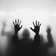 © Teeranan - Human Silhouettes Against Foggy Glass with Hands Raised in Sorrow