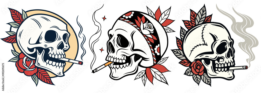 Vetor Old school tattoo design set featuring skull smoking cigarette,  adorned with red rose and leaves. Bold design, rebellious symbolism,  classic tattoo style, striking visual composition. do Stock