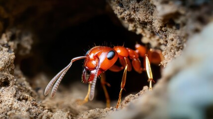 Poster - Close up shot of a red ant emerging from a small, dark hole in the dirt. The ant is in sharp focus, highlighting its segmented body, antennae, and legs against the blurred background of the earthen