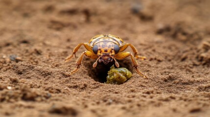 Poster - A vibrant yellow and brown patterned beetle emerges from a hole in the sandy ground, a ball of green material positioned in front of it, captured in sharp focus with a blurred background