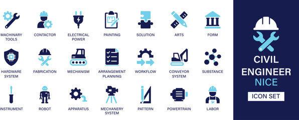 Civil Engineer icon set collection. Machinery tools, contactor, electrical power, painting, solution, arts, form, hardware system, fabrication and best solid icon set.