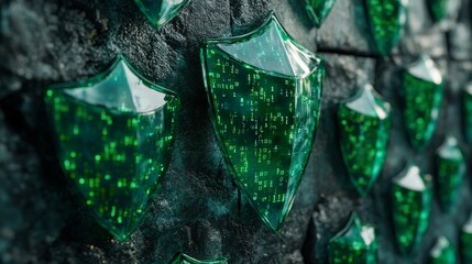 A row of metallic shields set against a background of binary code