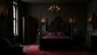 © Prasitama - A gothic bedroom that exudes elegance and mystery, a black canopy bed, velvet curtains, ornate furniture, dark wallpaper, deep red and black accents, and soft lighting from candles and antique lamps