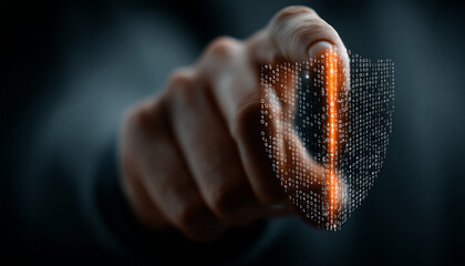 Close-up of Finger Interacting with Binary Code Data Stream