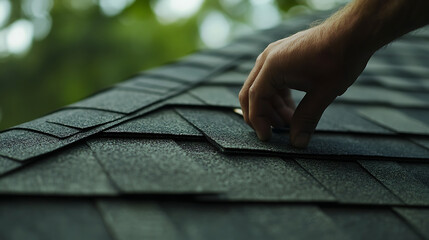 Wall Mural - Roofing contractor applying new shingles to a residential roof. Highlighting roof repair and installation