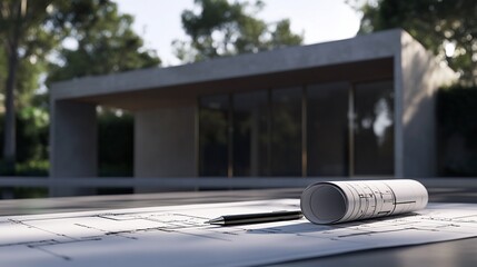 Architectural design blueprints, pen and building in background showcasing the creative and design process