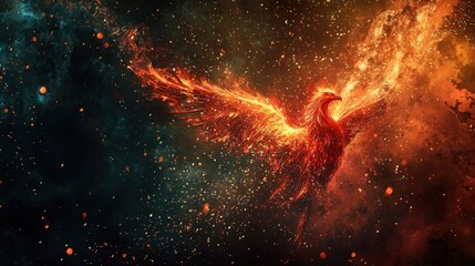 Wall Mural - a fiery bird is flying through a starry sky