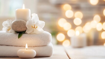 Aufkleber - Elegant spa setup with candles stones and flowers creating a serene atmosphere : Generative AI