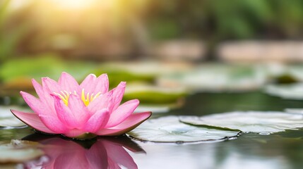 Aufkleber - Beautiful pink lotus flower blossoming on a tranquil lake surrounded by green lily pads : Generative AI