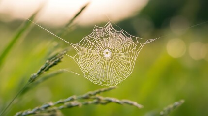 Leinwandbilder - Delicate spider web glimmering in the sunlight on a soft natural background : Generative AI