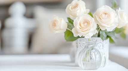 Poster - Elegant white roses in a glass vase beautifully arranged for home decor and floral design inspirations : Generative AI