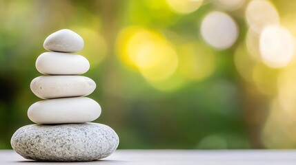 Poster - Stacked white stones on a wooden surface with a blurred green background creating a calming and peaceful atmosphere : Generative AI