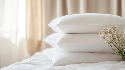 Poster - Cozy and Clean Bed Pillows Decorated with a Flower in Soft Natural Light : Generative AI