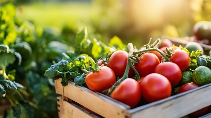 Poster - Freshly Harvested Red Tomatoes and Green Vegetables in a Wooden Crate in a Sunlit Garden Scene : Generative AI