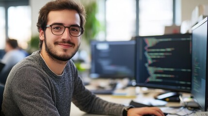 A young male software developer sits at his workspace, smiling confidently while coding on his computer. The modern office environment showcases a vibrant tech culture.