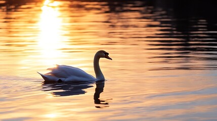 Poster - Serene Swan Gliding on Water at Sunset with Golden Reflections : Generative AI