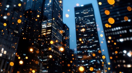 Poster - Stunning city skyline at night adorned with glowing lights and bokeh effects creating a magical urban atmosphere : Generative AI