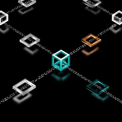 Poster - Data Transmission Network with Metallic Cubes and Binary Code on Black Reflective Surface