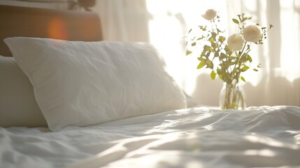 Aufkleber - Cozy bedroom with soft light illuminating a pristine bed and fresh flowers for a peaceful atmosphere : Generative AI