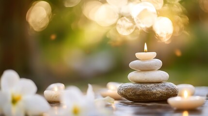 Aufkleber - Peaceful Spa Scene with Stacked Stones and Floating Candles : Generative AI