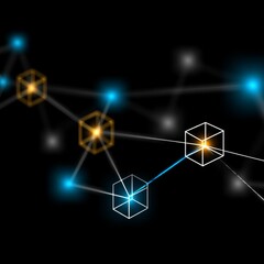 Fototapete - Futuristic Blockchain Network: Connecting Cubes with Luminous Nodes on a Dark Background for Secure Data Transmission.