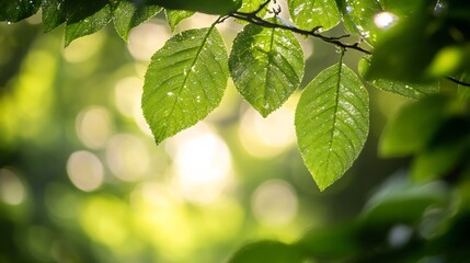 Aufkleber - Serene Green Leaves Glistening in Natural Light with Beautiful Bokeh Background : Generative AI