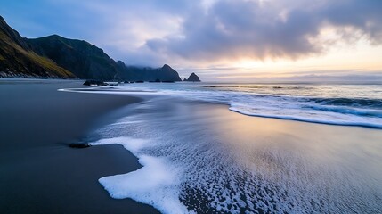 Aufkleber - Serene Beach Landscape with Dramatic Cliffs and Sunset Reflection : Generative AI