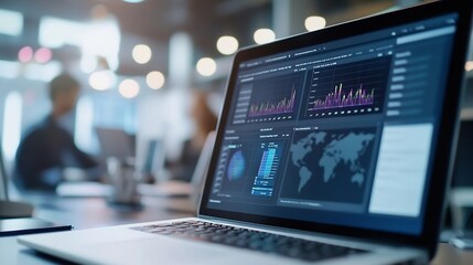 Leinwandbilder - Modern Laptop Displaying Data Analytics with Business Charts and Graphs in Office Environment : Generative AI