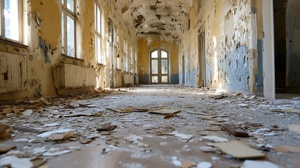 Aufkleber - Abandoned building corridor showcasing peeling paint and debris bringing a sense of decay and forgotten history : Generative AI