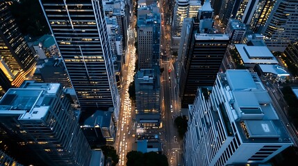 Poster - Aerial View of a Bustling City Street with Skyscrapers Glittering at Night Time : Generative AI