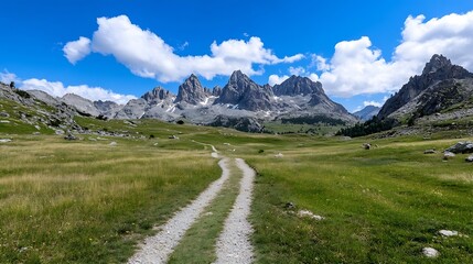 Aufkleber - Scenic mountain landscape with lush green meadow under a blue sky with fluffy clouds : Generative AI
