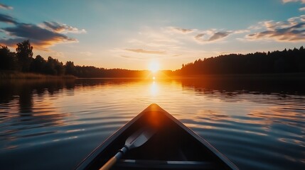 Aufkleber - Scenic Sunset Reflection on Calm Lake with Kayak at Dusk : Generative AI