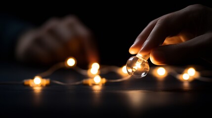 Aufkleber - Enchanting close up of warm glowing fairy lights in dark setting with hands delicately holding a light bulb : Generative AI
