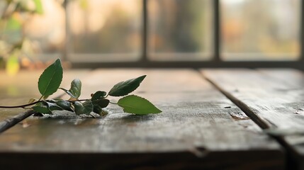 Poster - Delicate green leaves resting on rustic wooden table with soft natural light creating a calming scene : Generative AI
