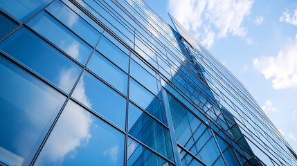 Aufkleber - Modern glass skyscraper reflecting bright clouds in a vibrant city skyline under blue sky : Generative AI