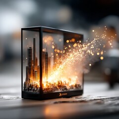 Poster - Modern Cityscape in a Glass Box with Glowing Lights - Urban Miniature with an Ethereal Spark