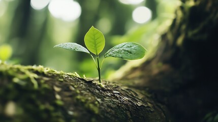 Aufkleber - New Leaf Sprouting from Bark in Lush Green Forest with Soft Natural Lighting : Generative AI