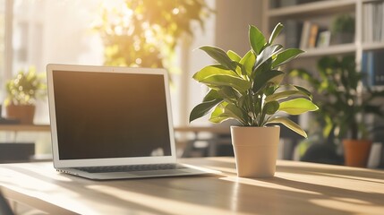 Poster - Minimalist Home Office with Laptop and Elegant Green Plant on Table : Generative AI