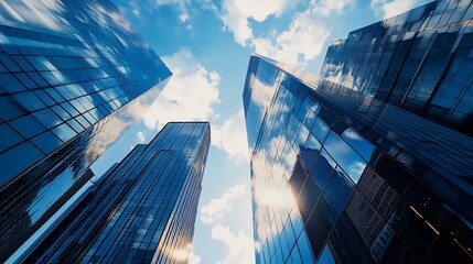 Poster - Modern Glass Skyscrapers Against a Blue Sky with Clouds for Urban Lifestyle : Generative AI