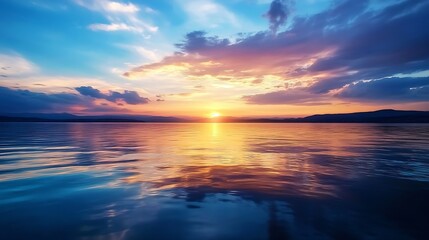 Poster - Stunning Sunset Over Tranquil Lake with Vibrant Colors in the Sky Reflecting on Calm Water : Generative AI