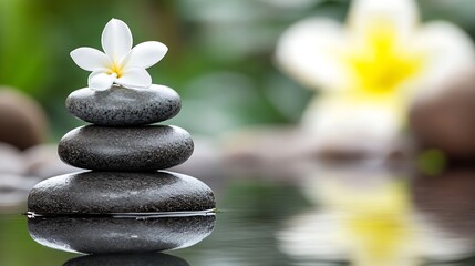 Poster - Serene Stack of Stones with White Flower on Calm Water Surface Natural Beauty : Generative AI