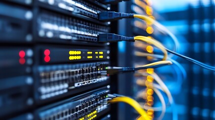 Leinwandbilder - Close up of server equipment with glowing lights and network cables in a data center : Generative AI
