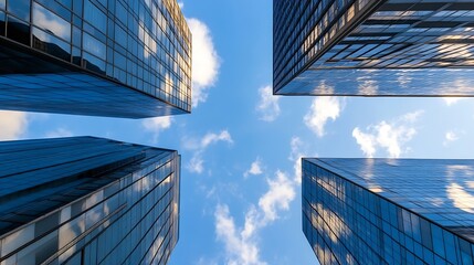 Aufkleber - Captivating view of skyscrapers from below with a blue sky and scattered clouds : Generative AI