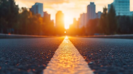 Poster - Breathtaking Urban Sunset View with Road Leading Towards Skyscrapers in the Background : Generative AI