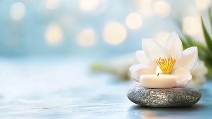 Aufkleber - Calming Spa Scene with White Lotus Flower Candle and Smooth Pebbles for Relaxation : Generative AI
