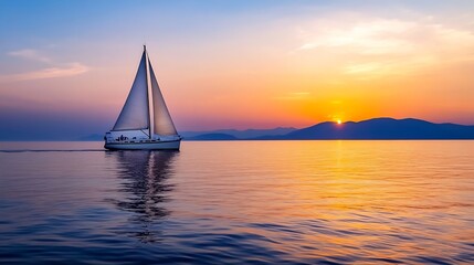 Poster - Sailing into the Sunset with a Beautiful Sailboat on Calm Waters : Generative AI