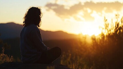Poster - Peaceful silhouette of a person meditating at sunset in serene mountain landscape : Generative AI
