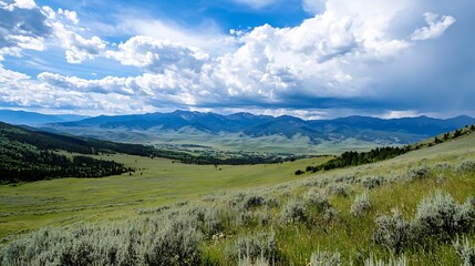 Aufkleber - Breathtaking Mountain Landscape with Rolling Hills and Dramatic Clouds : Generative AI