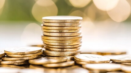 Poster - Stack of Golden Coins with Bokeh Background in Finance Context : Generative AI